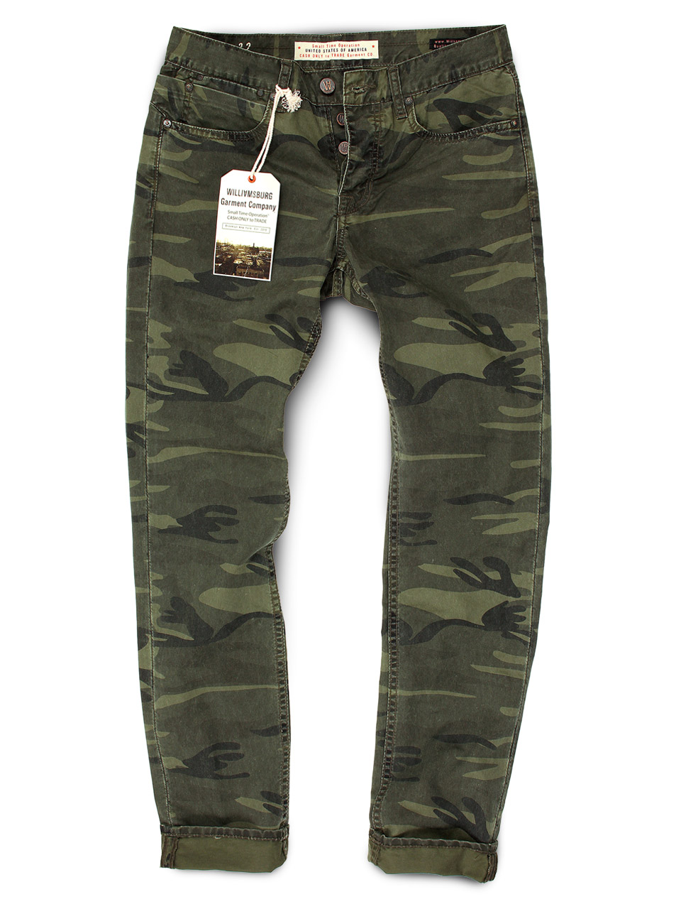 Camouflage jeans from Williamsburg Garment Co (front view)